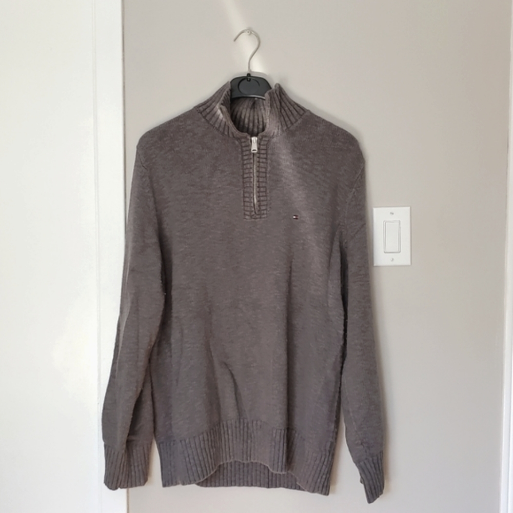 Tommy Hilfiger grey sweater size XL quarter zip pullover cotton linen shirt polo